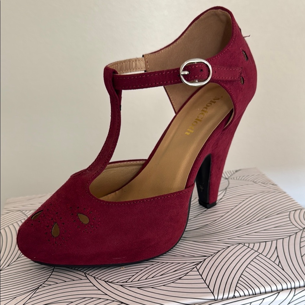 Elegant Burgundy T-Strap Heels